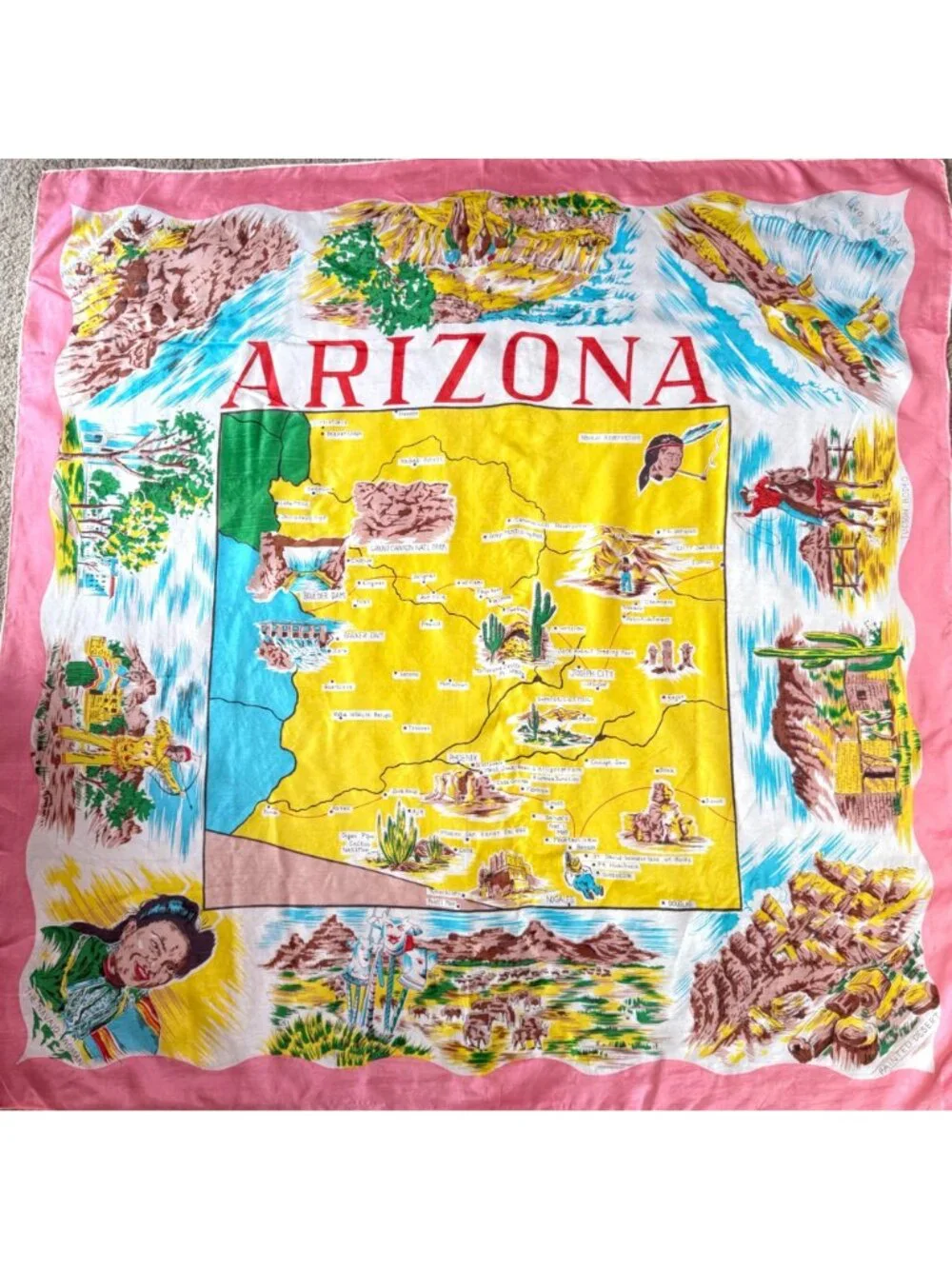 Vintage Arizona Souvenir Map Scarf Silk Blend Pink Border Hand Rolled Hem Japan